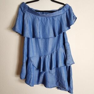 Easel Womens Blue Chambray Off Shoulder Layered Mini Dress-Size S